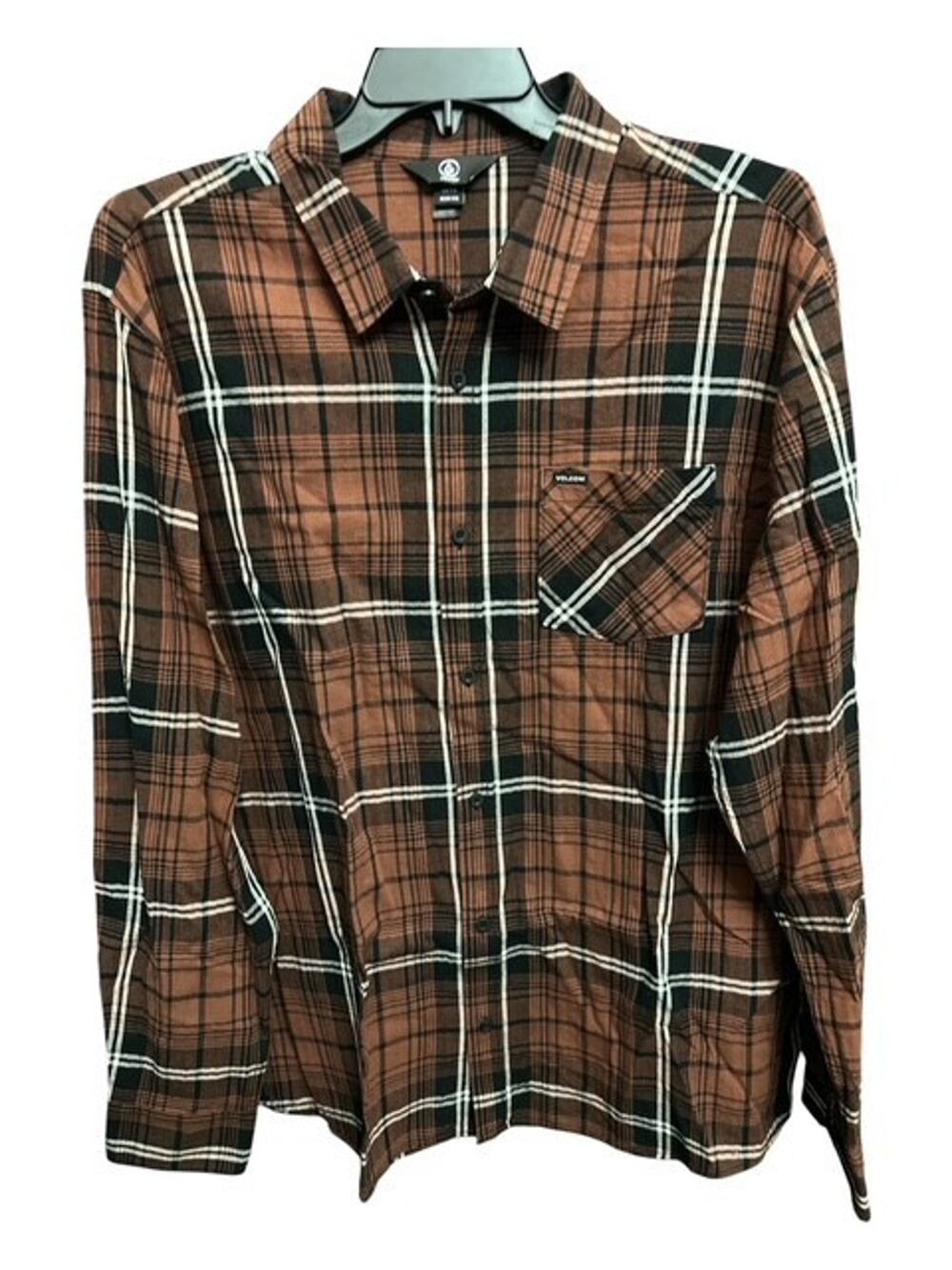Volcom Loreto Mens XXL Shirt Brown Thin Flannel Woven Plaid Long Sleeves Pocket